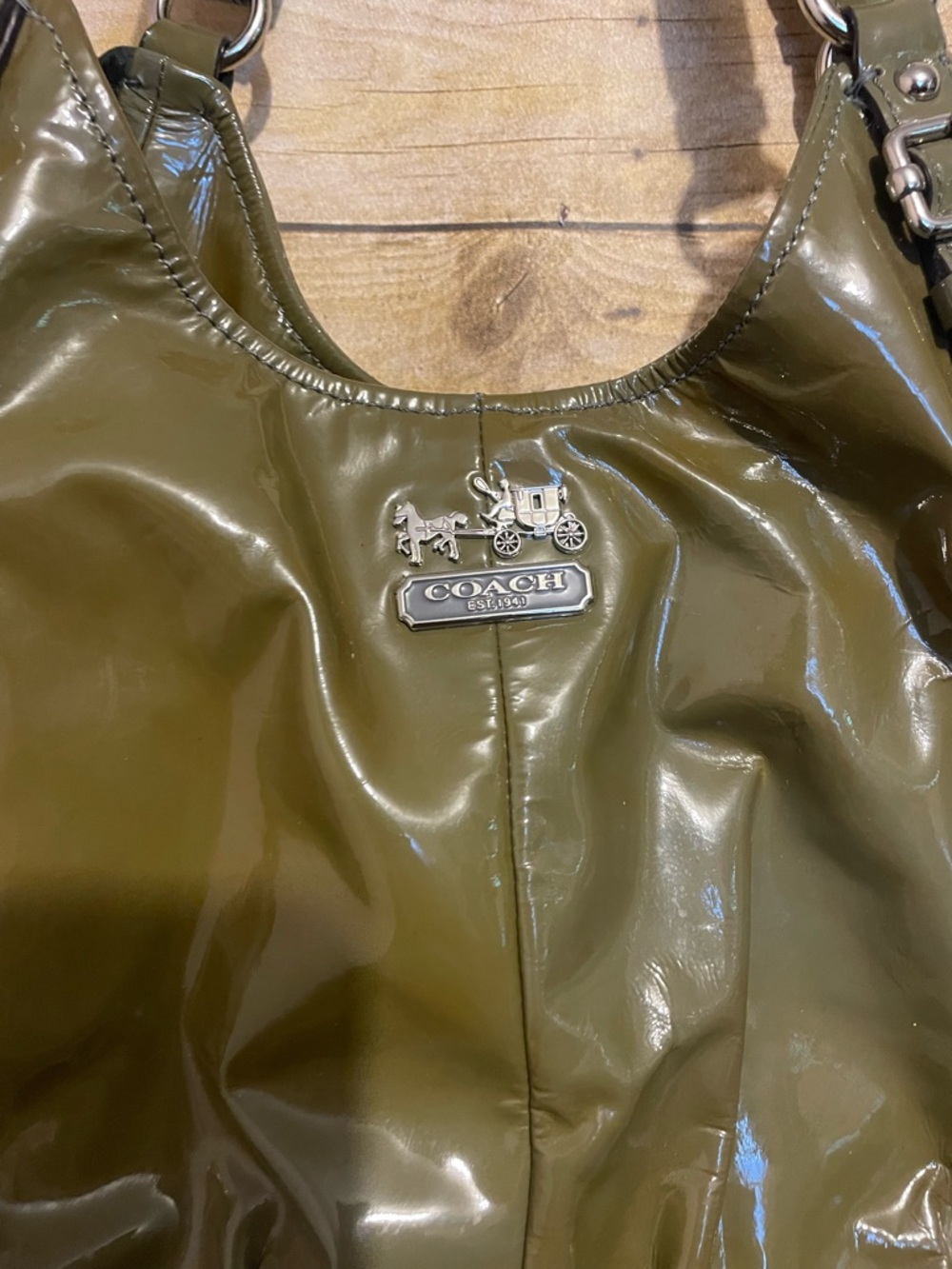 COACH Madison Glossy Olive Green Satchel Bag Hobo Shoulder Purse - Picture 5 of 11